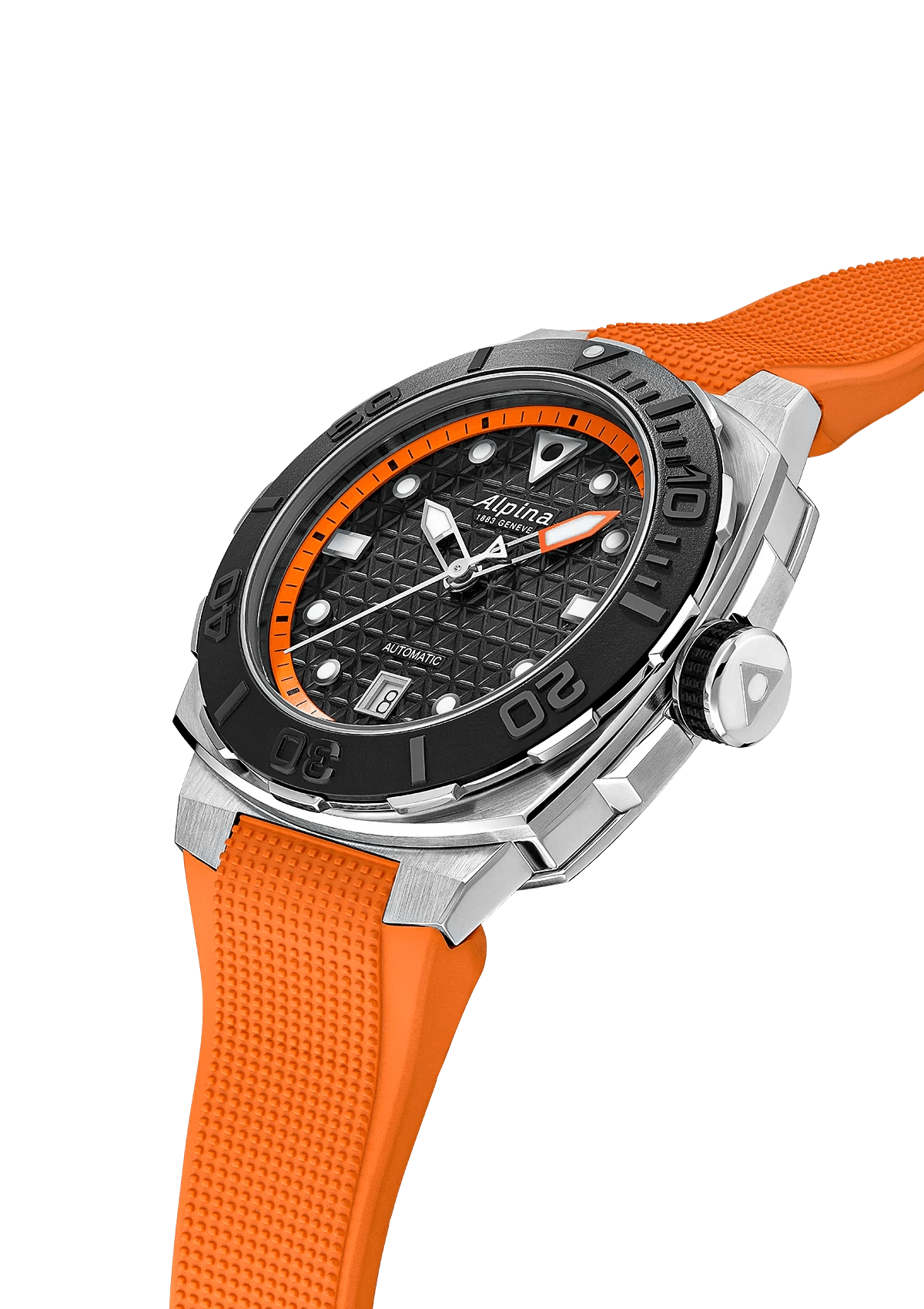 The 300-metre diver's sculptural steel case and orange rubber strap.